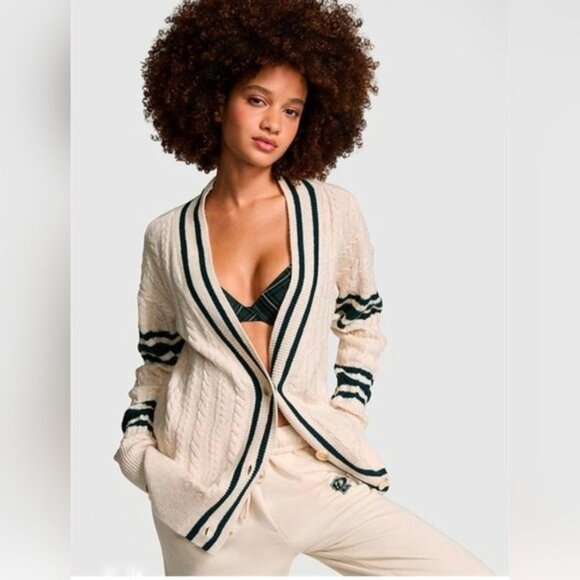 Victoria's Secret PINK Collegiate Cable Knit Oversized Cardigan- Natural Heather - Picture 1 of 7